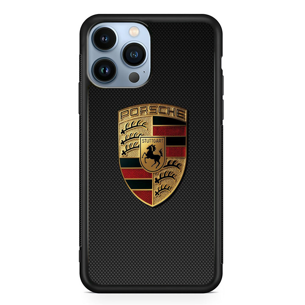 Porsche Black Carbon Gold Logo iPhone 13 Pro Case